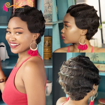 

Lollie Pixie Cut Wig Human Hair Black Brown Burgundy & Blonde Finger Wave Cheap Wig Machine Made Indian Remy Hair Free Shipping