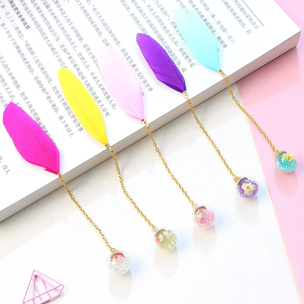 

1Pcs Boxed Colorful Feather Glass Ball Bookmark Retro Cute Book Markers Kawaii Stationery School Office Supplies Teacher Gift