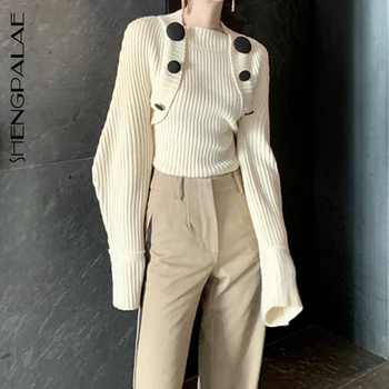 

SHENGPALAE 2020 Autumn Long Sleeve Square Collar Sweater Short Splice Streetwear Pullovers Women Clothing Button Splice ZA5344
