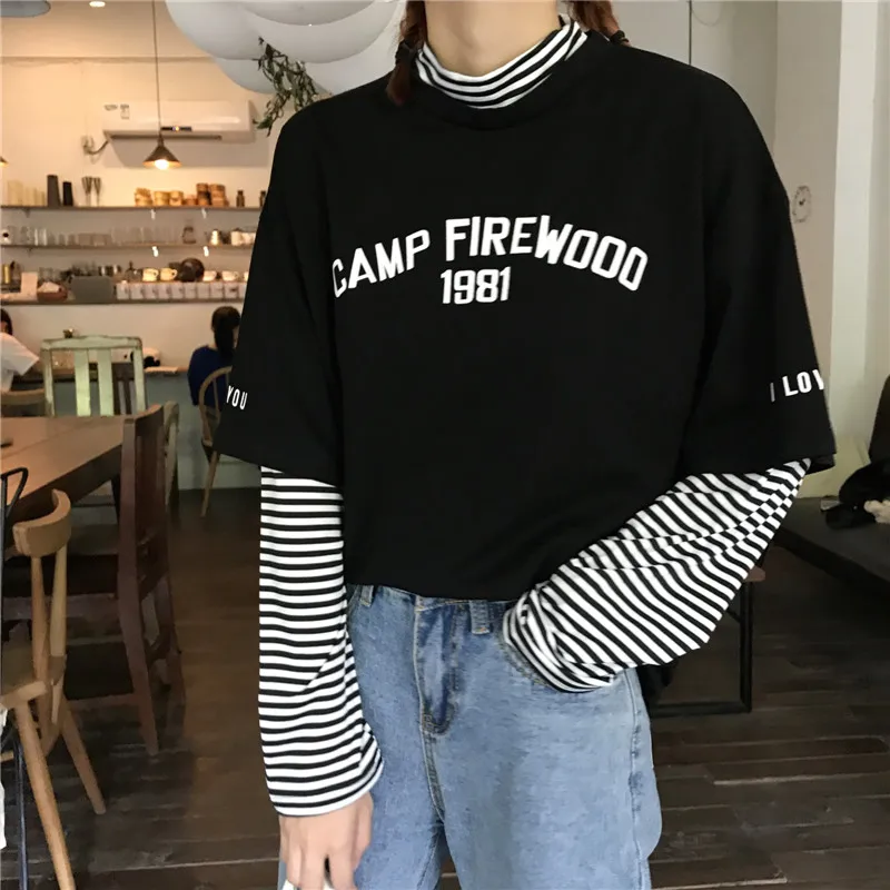 

autumn Women letter print T Shirt Casual Boyfriend tshirt Harajuku loose Striped patchwork Female T-Shirts streetwear black Tops