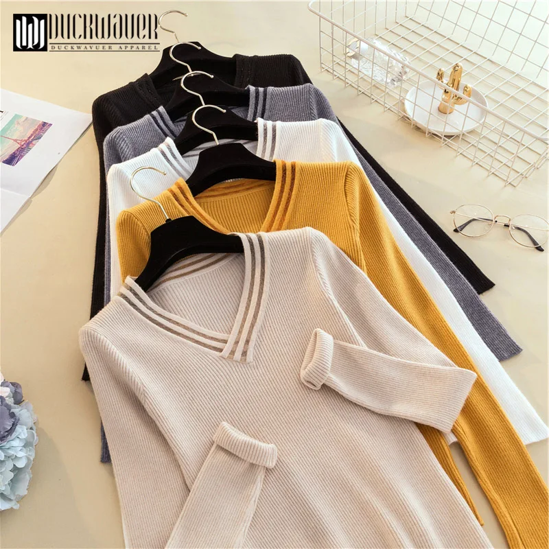 

Duckwaver Women's Casual Solid V-neck All-match Knitted Pullover Female Basic Minimalist Thin Sweater 2019 Autumn Thin Pullove
