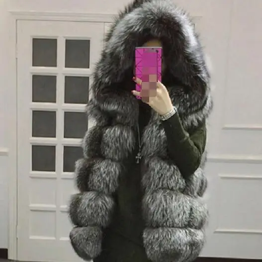 S-4XL, женское меховое пальто с капюшоном, новинка, зимний толстый теплый жилет из искусственного меха лисы, Женская Высококачественная куртка-кардиган, DF608