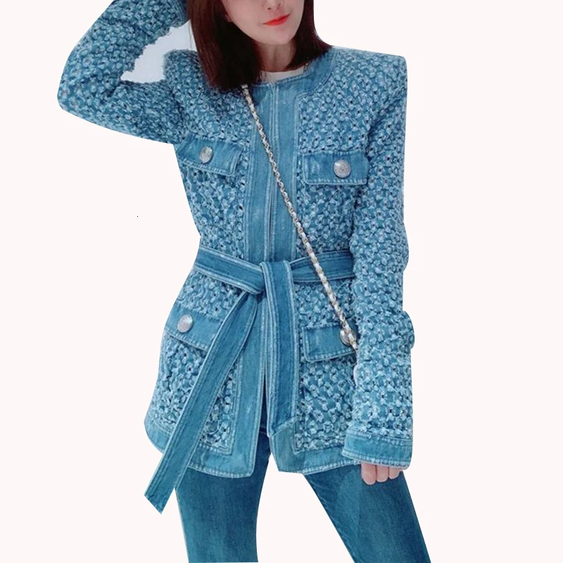 TWOTWINSTYLE/винтажная синяя джинсовая куртка с поясом, с рваными дырками, Женское пальто, осеннее пальто с длинными рукавами и карманами, уличная Новинка