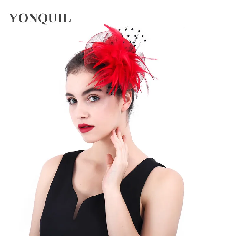 Multiple color children party race top hat ladies derby mesh fedora cap women elegant fascinator with fearher hair clip pins