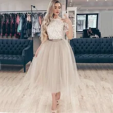 Сексуальные кружевные платья для выпускного вечера цвета шампанского, ТРАПЕЦИЕВИДНОЕ ПЛАТЬЕ на выпускной с коротким рукавом, Тюлевое вечернее платье длиной до середины икры