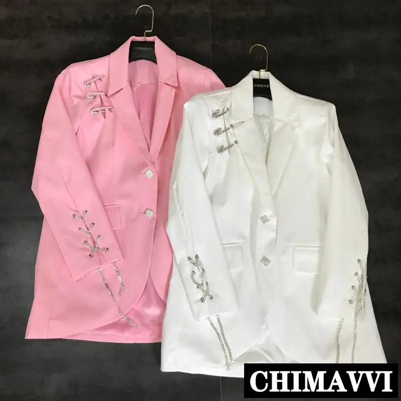 

New Autumn Women's Solid Color Suit Blazer Jacket Lady's Fashion Shoulder Open Drill Pin Cuff Drill Chain OL Suit Jacket Coats