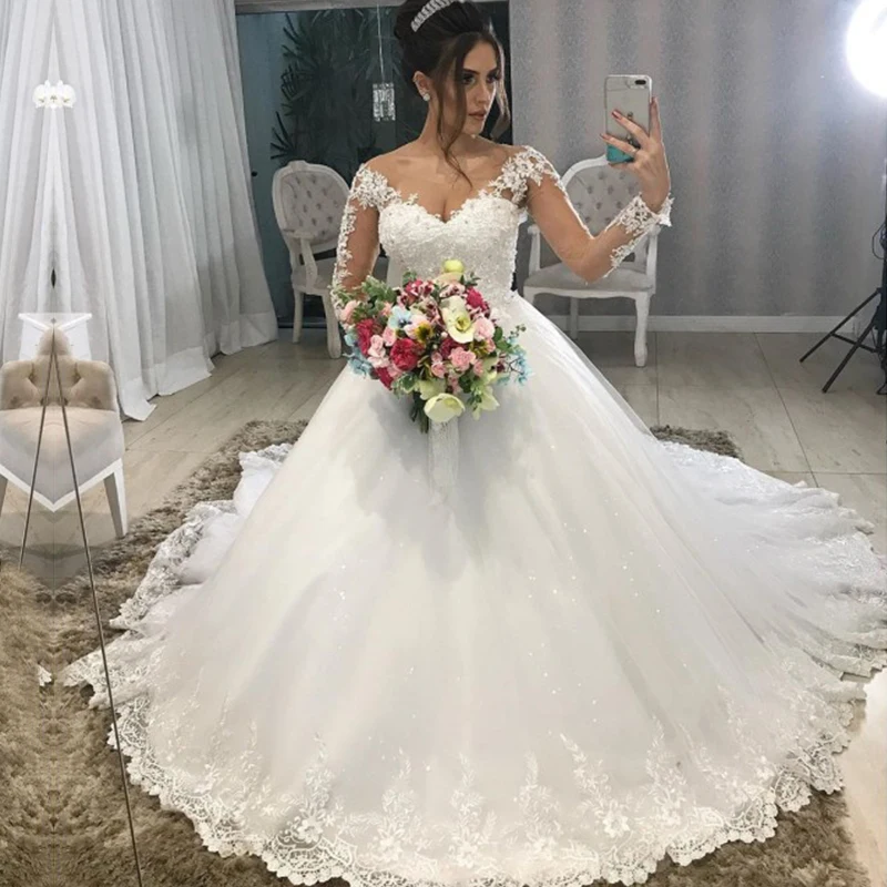 

ZJ9214 Modest Design Wedding Dresses Sheer Jewel Neck Long Sleeves Lace Up Back Appliques Bridal Gowns robe de mariee