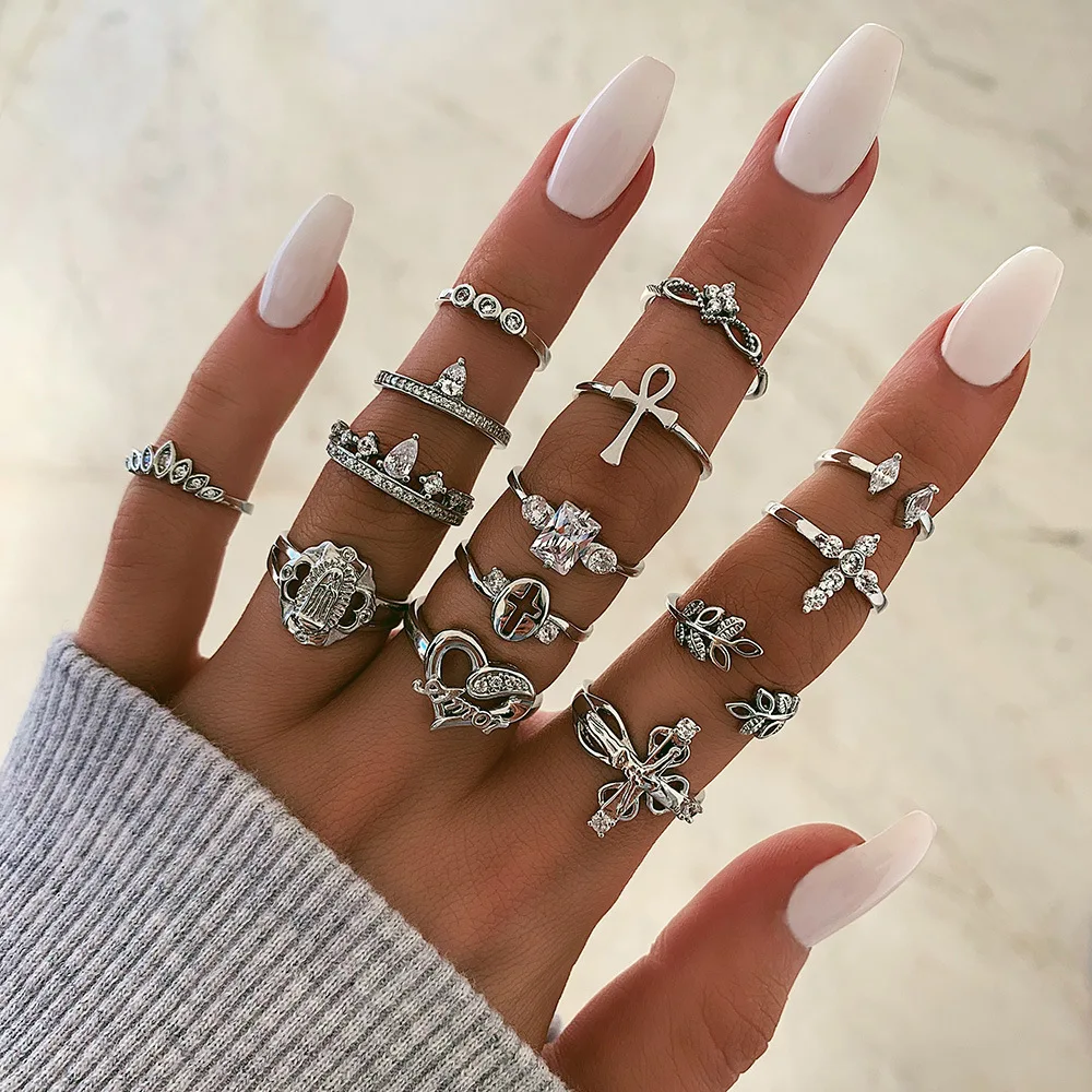 

14Pcs Classic Bohemian Rings Set Silver Color Crystal Crown Heart Cross Leaves Finger Knuckle Rings Women Wedding Gifts Jewelry