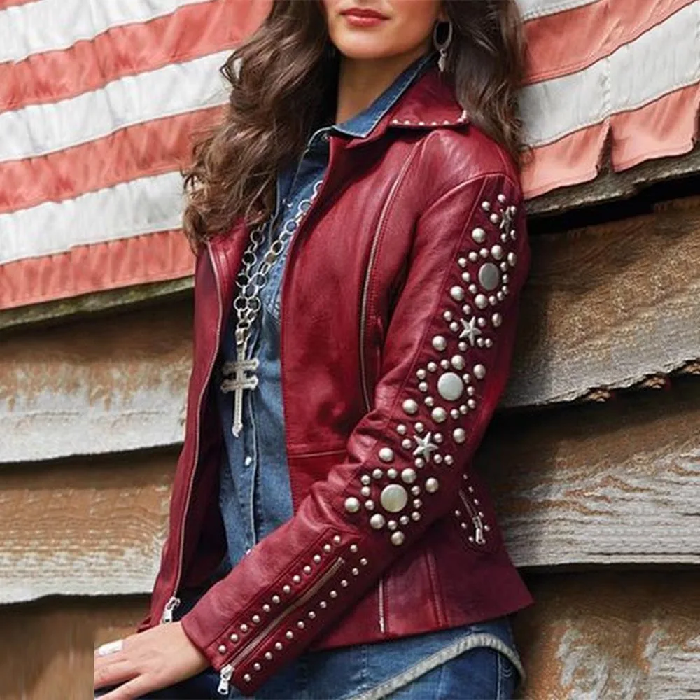 

Punk Rivet PU Leather Jacket Women Autumn Winter 2019 Black Motorcycle Jackets Red Zip Streetwear Short Coats Basic Outwear Coat