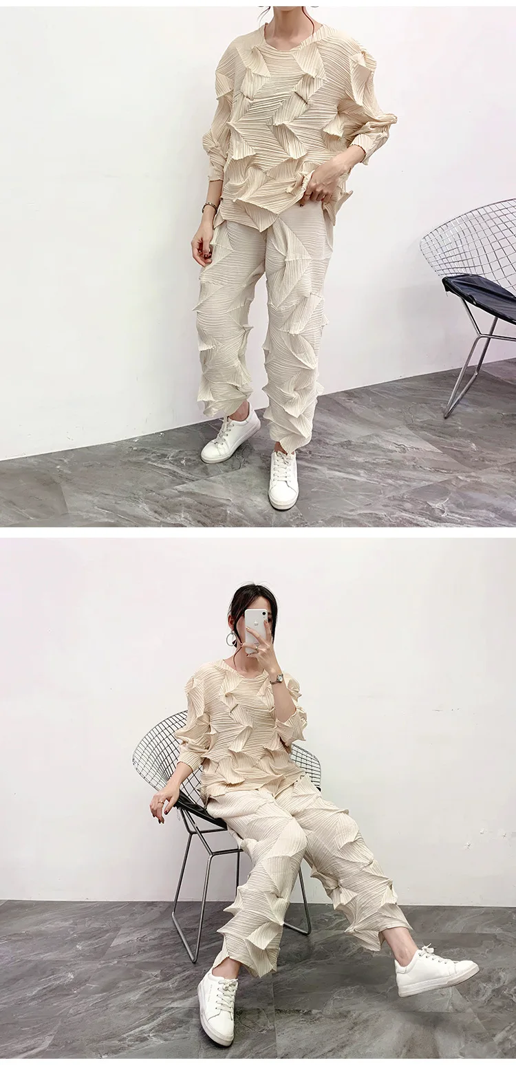 MIYAKE плиссированная куртка со стразами+ прямые брюки Зимний свободный большой размер плиссированный комплект из двух предметов брюки костюм