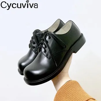 

Fashion Round Toe Woman Shoes Real Leather Black Runway Shoes Comfy Chunky Sole Spring Autumn Pumps Lace up Casual Botas Mujer