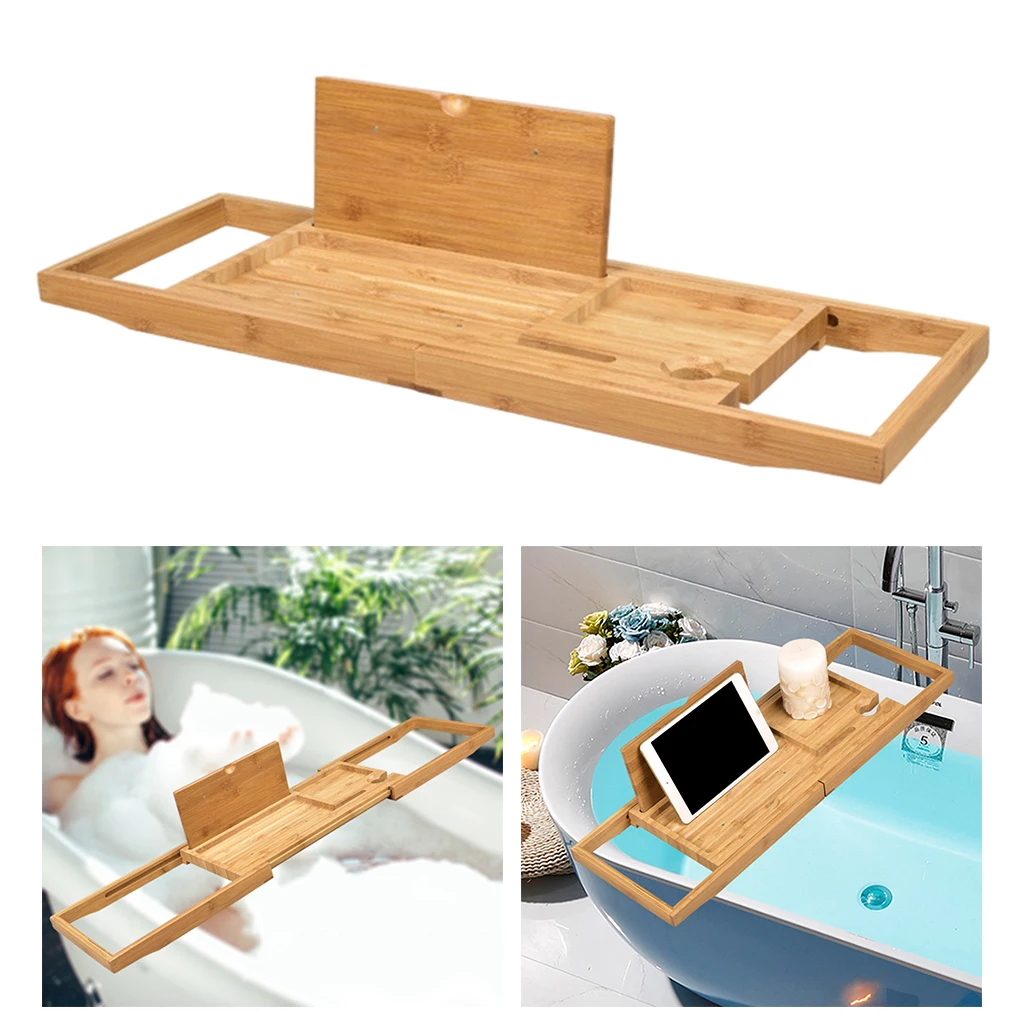 Aquaterior Wood Bamboo Bathtub Caddy Tray Organizer over Tub Rack