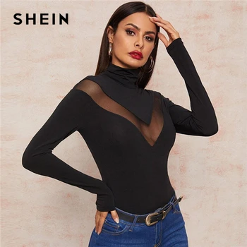 

SHEIN Black High Neck Mesh Inert Form Fitted Sexy T-Shirt Women Tops 2020 Spring Long Sleeve Glamorous Sheer Solid Skinny Tees