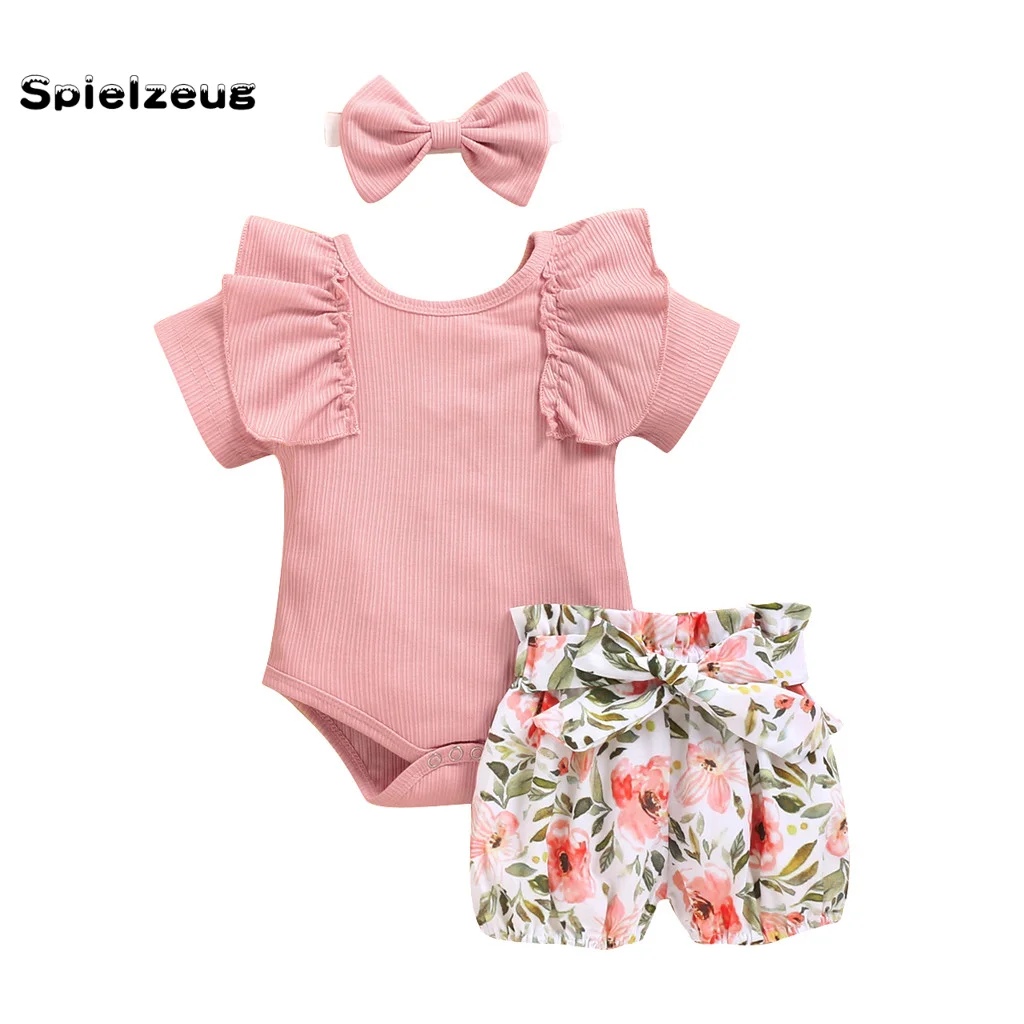 3pc Infant Baby Girl Solid Jumpsuit Romper+Floral Print Skirts+Headbands Outfit