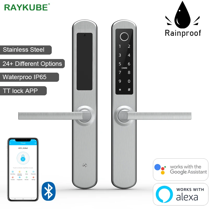 RAYKUBE Waterproof IP65 Fingerprint Smart Lock Digital 13.56Mhz IC Card Wifi Bluetooth TT lock APP Easy Manage Silver DQ03