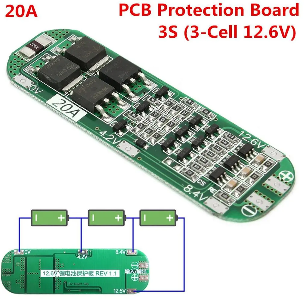 

3S 20A Li-ion Lithium Battery 18650 Charger PCB BMS Protection Board 12.6V Cell 59x20x3.4mm Module Professional For Drill Motor