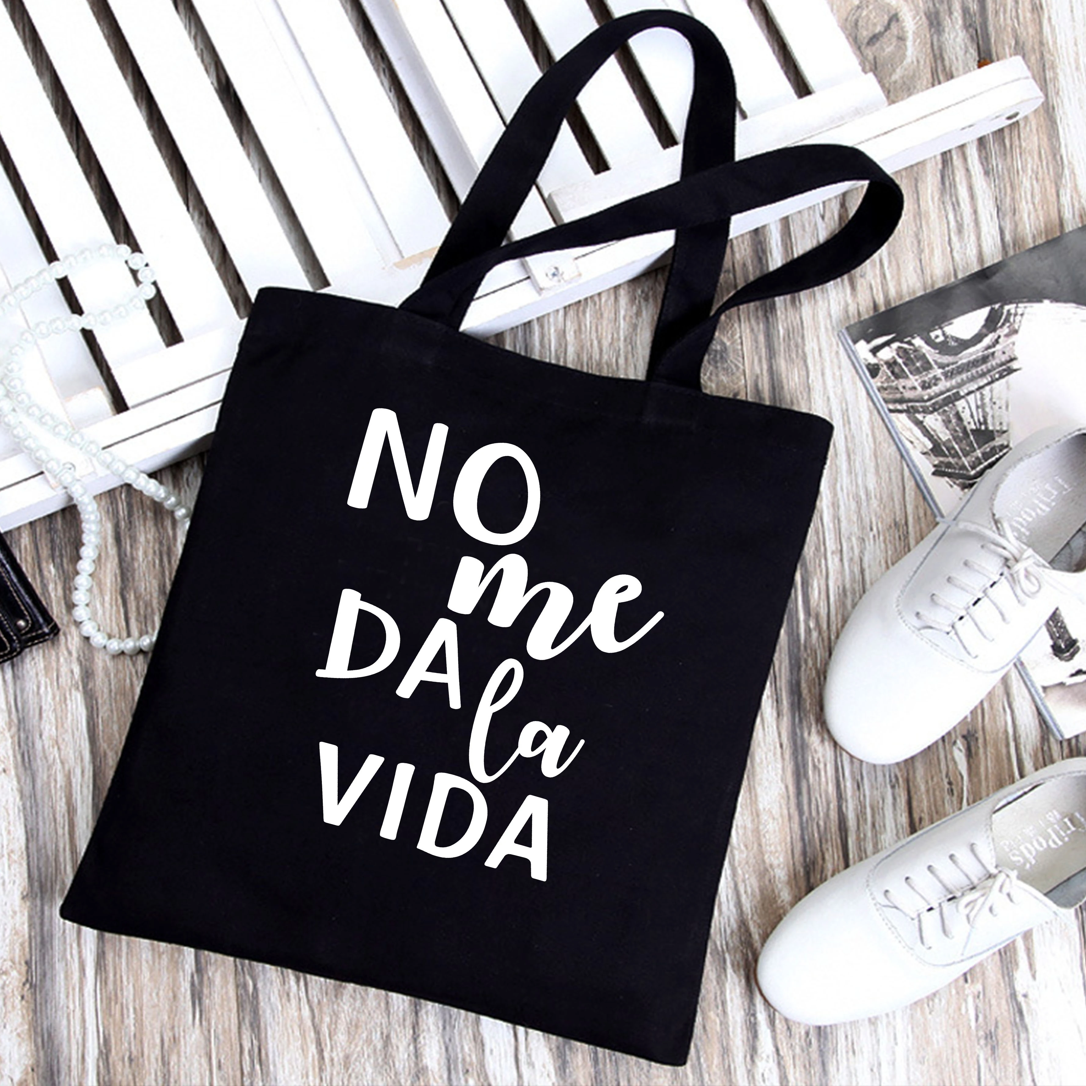 Bolso de mano con estampado gráfico de letras en español para mujer, bolsa lona negra para compras, bolso de hombro para regalo|Bolsas para - AliExpress