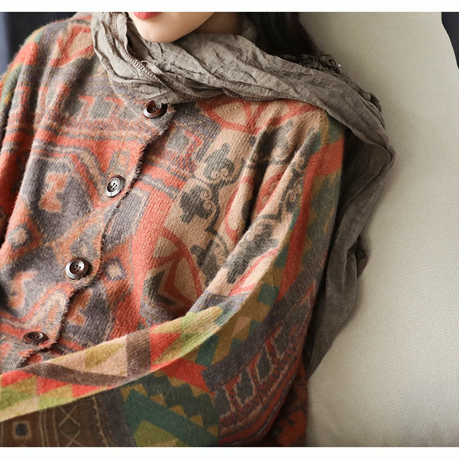 Женский свитер из искусственного меха норки, кардиган, вязаная куртка, верхняя одежда, большой свободный принт, ретро, винтажная мода на осень и весну, AZ49213519