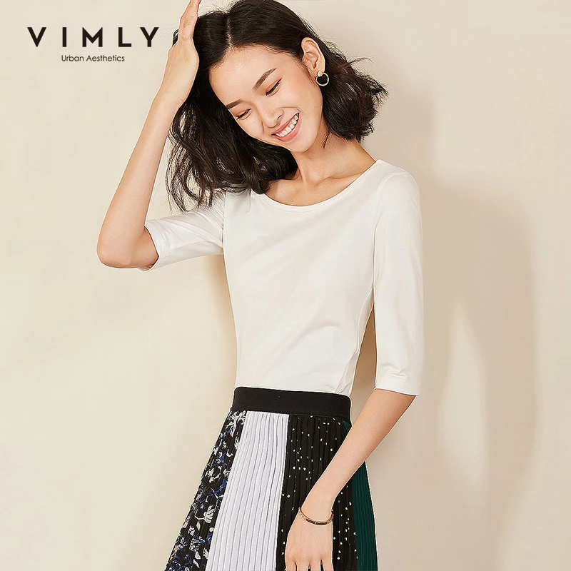 Vimly 2020 осенняя Женская Однотонная футболка с круглым вырезом Повседневная