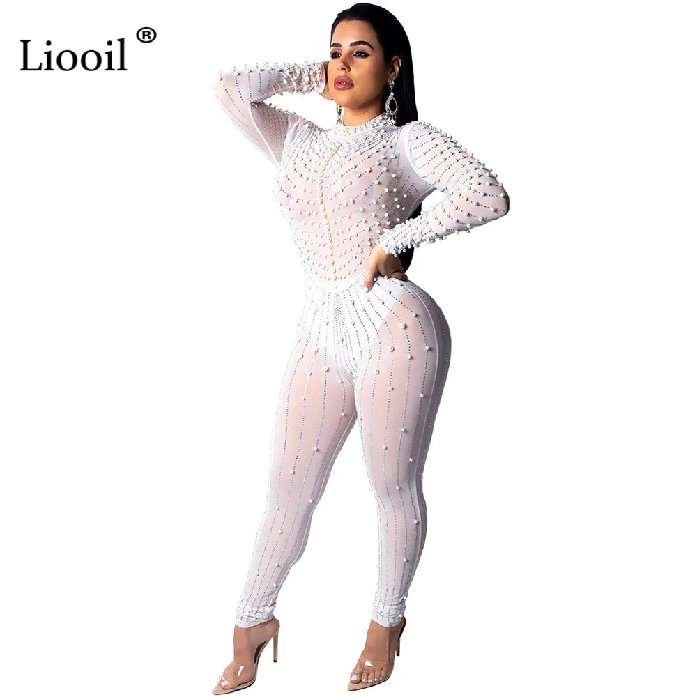Liooil, черный, белый, прозрачный, сетчатый, бисероплетенный, Облегающий комбинезон, для женщин, Клубная одежда, с длинным рукавом, с круглым вырезом, алмазный, облегающий, вечерние, клубный, сексуальный комбинезон