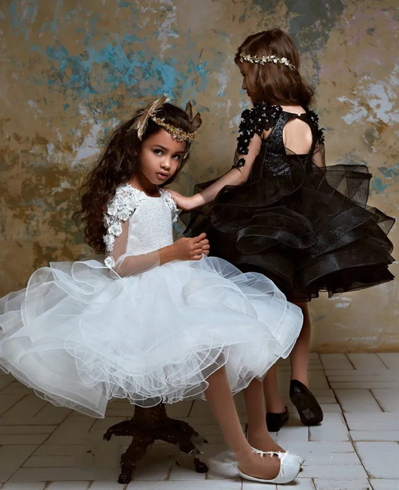 

Puffy Flower Girl Dress Sequined Top Applique Backless Kids Clothes Long Sleeve Princess Party Gown Cupcake Birthday Dress