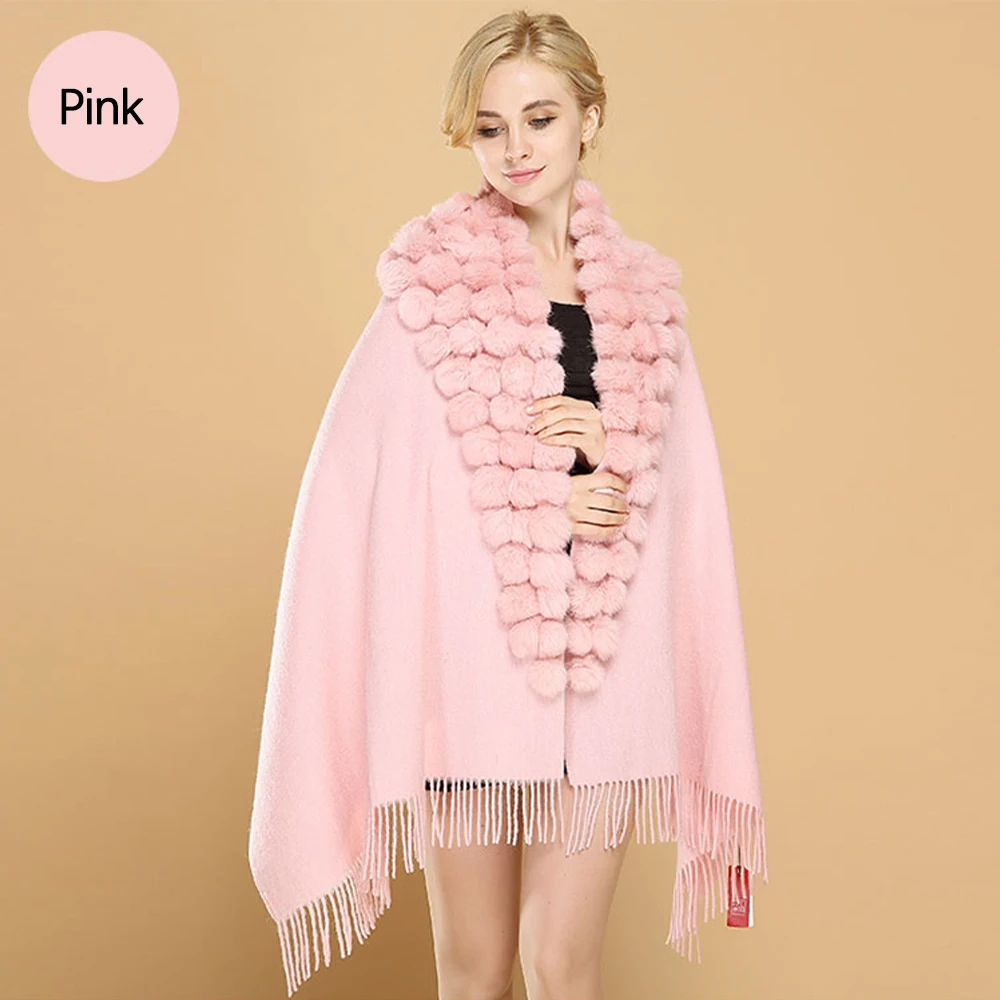 Pink Зимняя теплая Свадебная шерстяная шаль с кисточками для невесты, Женский плотный Одноцветный длинный шарф на каждый день, женские вечерние накидки из кроличьего меха(80% шерсть - Цвет: Pink