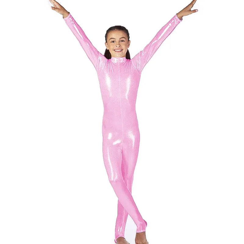 Speerise Kids Shiny Spandex Bodysuit 등자 두 번째 피부 메탈릭 나일론 Catsuit Zentai Unitard 긴 소매 체조 스포츠웨어