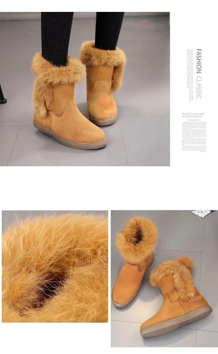 rabbit fur snow boots women round toe oxford platform mid-calf booties thicken plush winter cotton shoes woman botas mujer NS7
