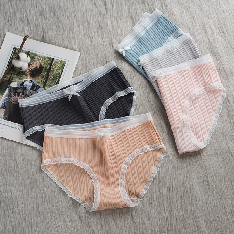 

New Style Breathable Low-Rise Pure Cotton WOMEN'S Panties Briefs GIRL'S Seamless Lace Edge