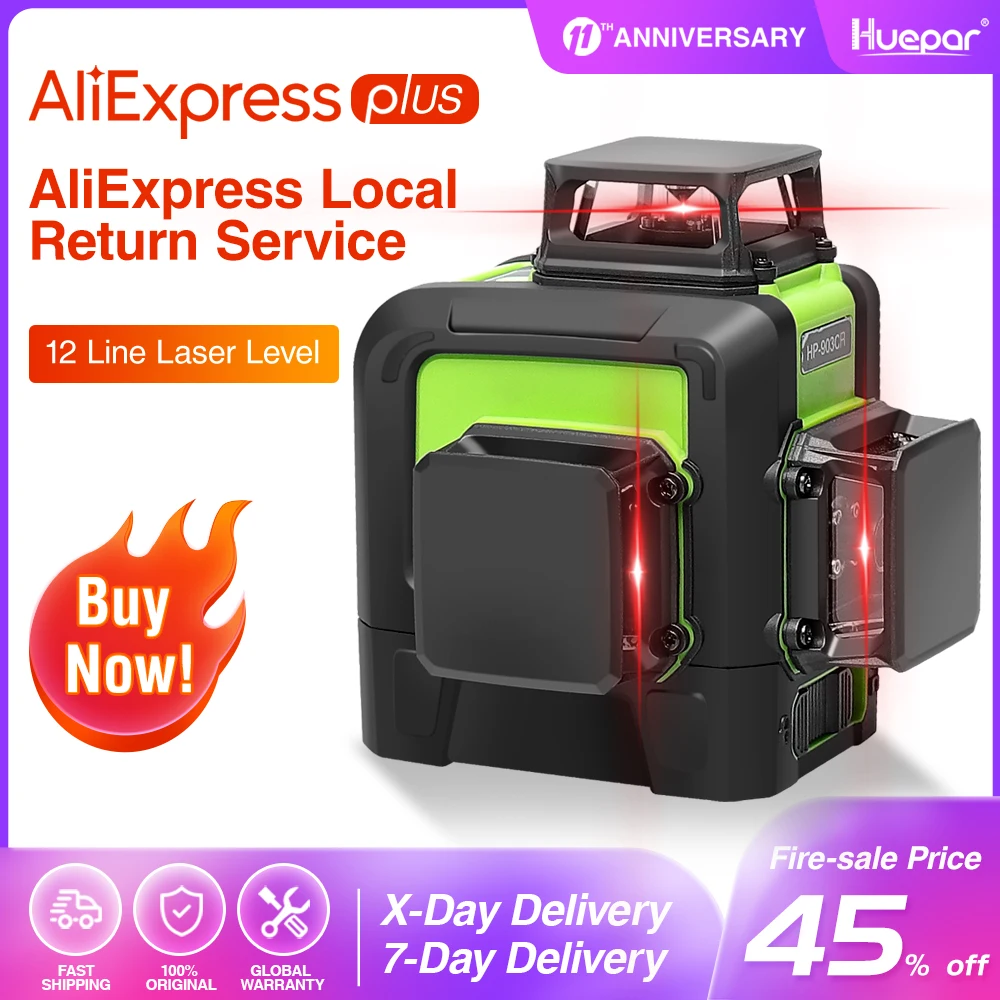 Huepar 12 Lines 3D Cross Line Laser Level Self-Leveling 360degree Vertical & Horizontal Cross Super Powerful Red Laser Beam Line