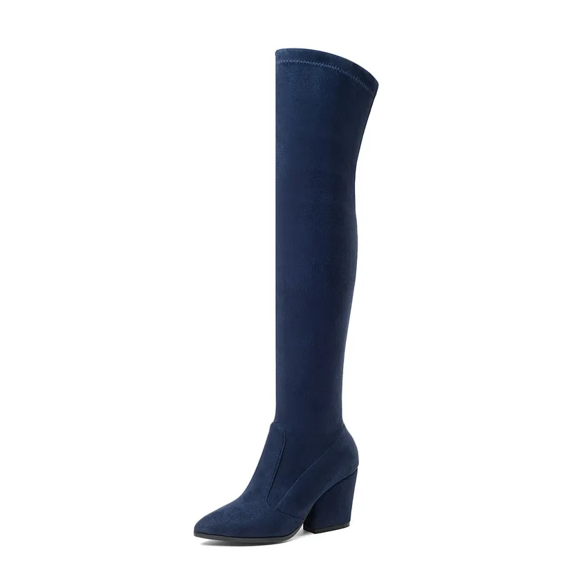 Женские сапоги выше колена; зимняя обувь на толстом каблуке; пикантные женские сапоги из эластичной ткани с острым носком; размеры 34-43 - Цвет: Синий