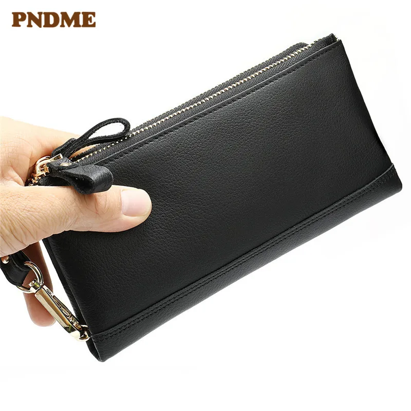 

PNDME business multi-card genuine leather men's clutch wallet luxury cowhide long 2 zipper phone credit card holder black purse