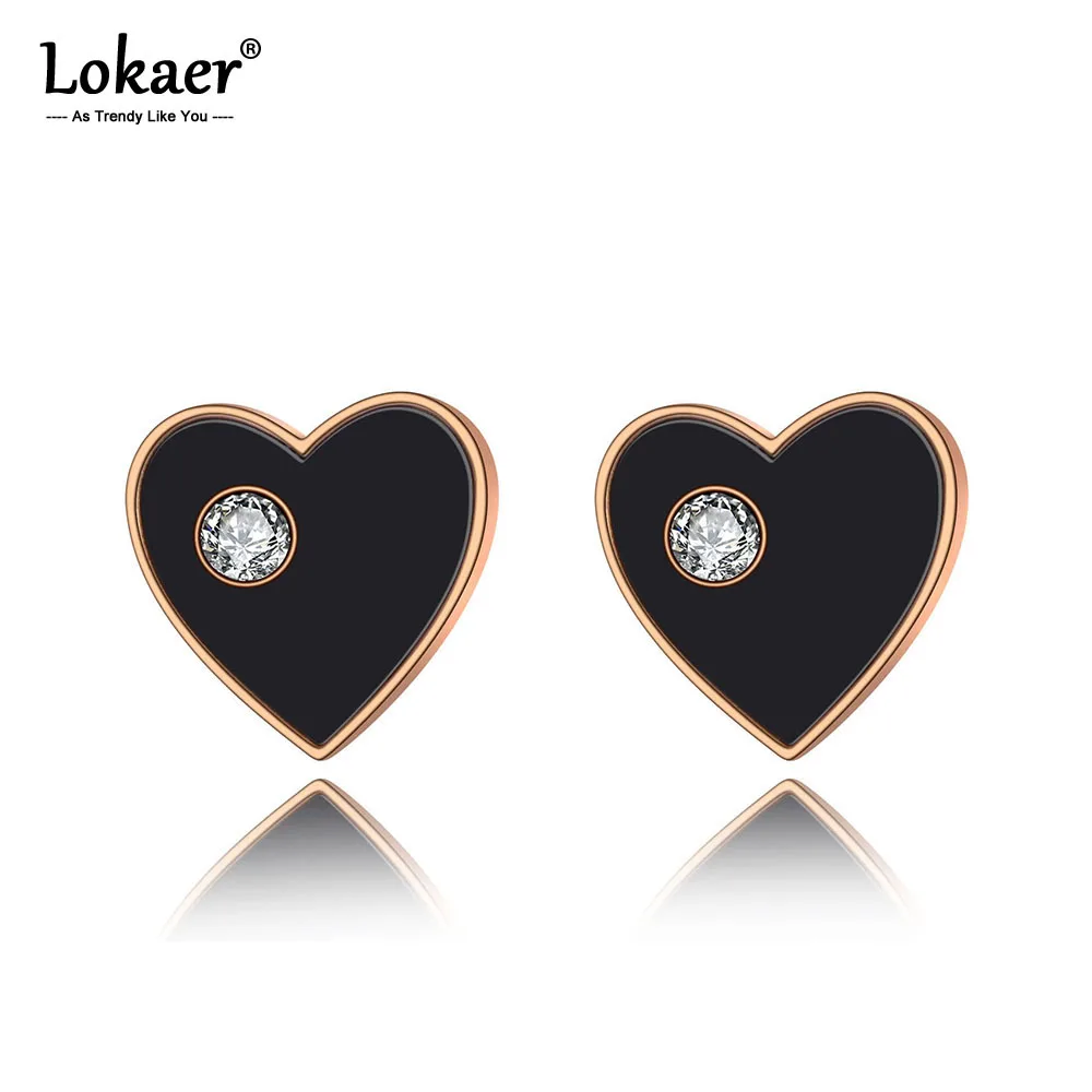 Lokaer, трендовые, нержавеющая сталь, черные, акриловые, сердце, свадебные серьги для женщин, розовое золото, CZ кристалл, серьги-гвоздики, ювелирное изделие E19252
