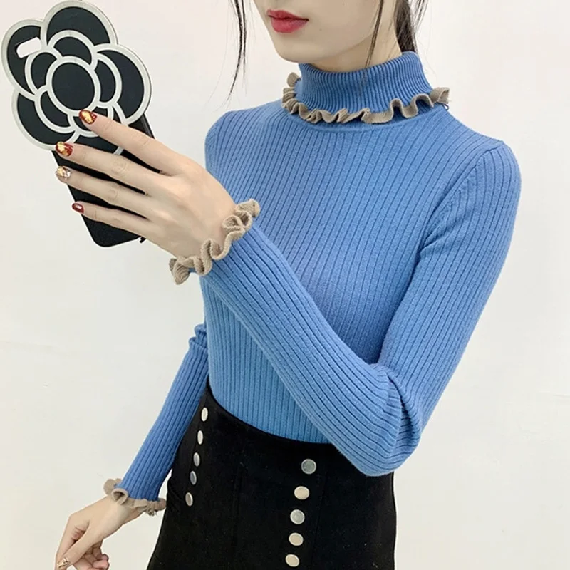 Женский трикотажный пуловер с высоким воротом Zoki модный тонкий джемпер оборками