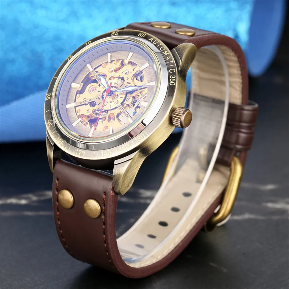 

Punk Transparent Skeleton Mechanical Men Watch Bronze Stainless Steel Self Winding Mens Watches Business Male Automatic Watch