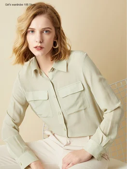 

Elegant silk shirt women's long sleeve fashionable silk simple double pocket shirt new spring summer