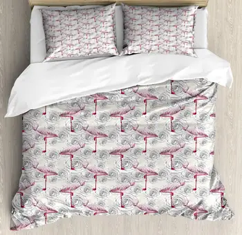 

Floral Duvet Cover Set Pattern with Roses and Flamingo Birds 3 Piece Bedding Set Ivory Baby Pink Dark Pink and White