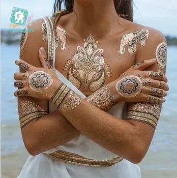 

Indian Arabic Designs Flash Metallic Waterproof Temporary Tattoos Gold Silver TatooPaste Fake Tatoo Sticker Girls On Body Hand