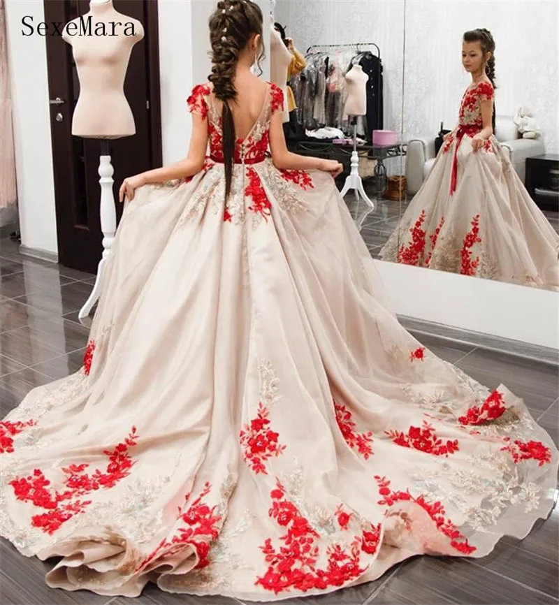 Luxury Flower Girl Dress for Wedding Champagne Satin Red 3d Flowers Lace Beads Girls Pageant Gown Birthday Cloth with Long Train | Детская