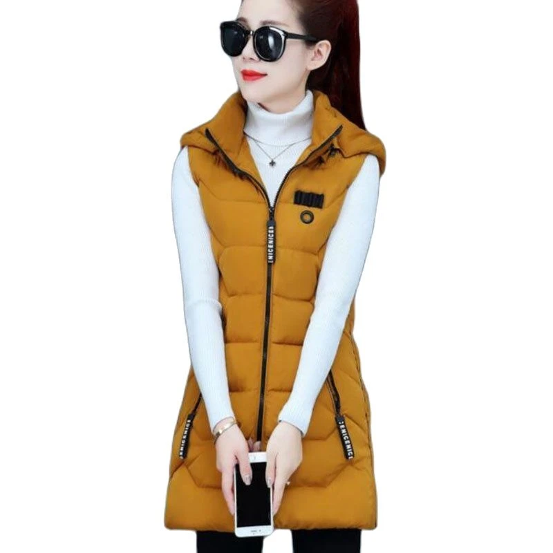 petite long puffer coat 2021 New Autumn Winter Women's Vest Mid-Length Coat Slim Waistcoat Large Size Thicken Zipper Hooded Removable Ladies Vest Jacket white puffer coat