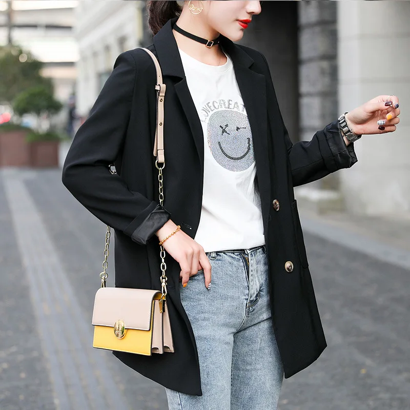 

Ladies black office blazer 2019 autumn and winter new double-breasted long-sleeved suit jacket female Medium long coat