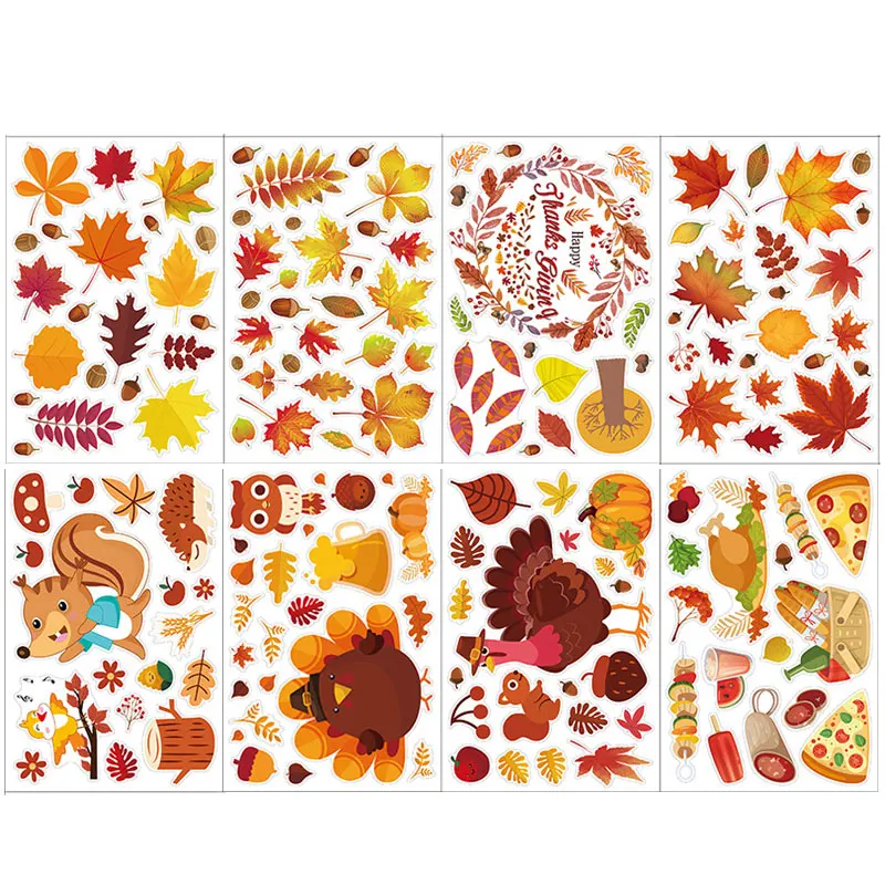 

Window Wall Sticker PVC DIY Home Decor Double Side Sticker Printing No Glue Autumn Maple Leaves Wall Art Sticker Foods Animals