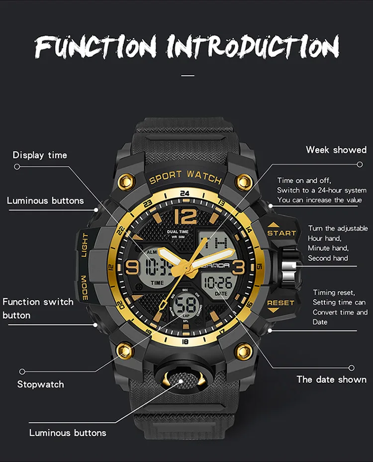 SANDA Fashion Sports Waterproof Watch Men Top Luxury Brand Military Digital Quartz Wristwatch Mens Dual Display Backlight Clock
