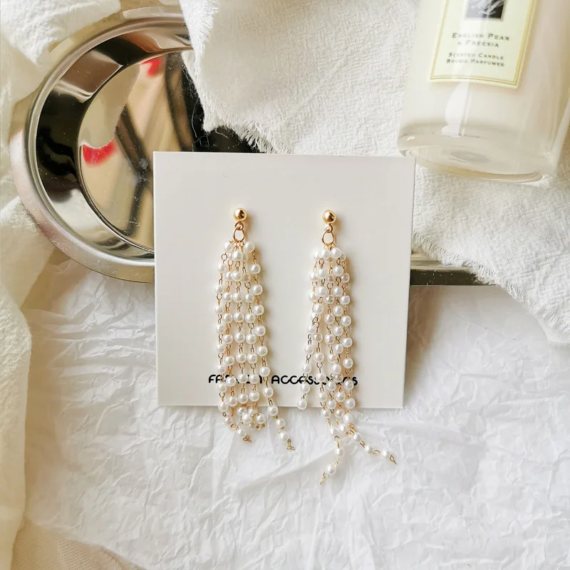 

Romantic Connected Rounds Tassel Clip Earrings Without Piercing Cute Imitation Pearls Long Clip on Earring No Ears Hole Women