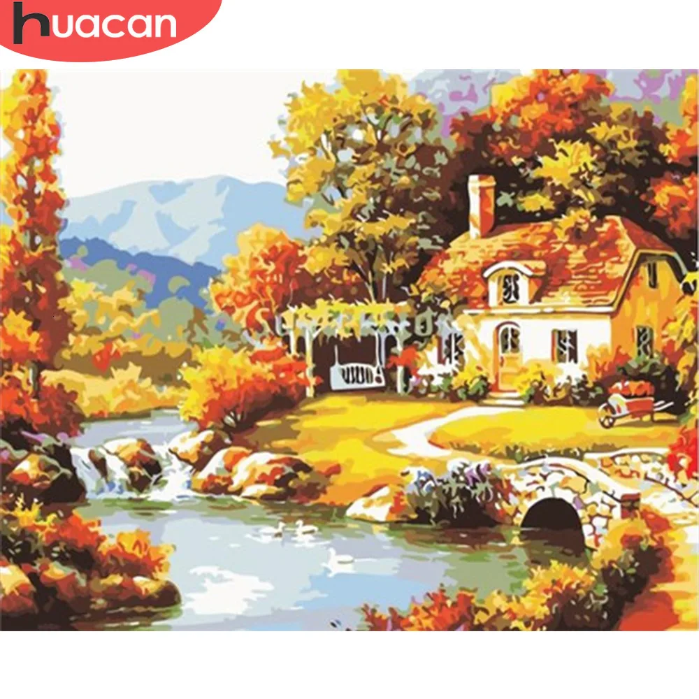 HUACAN масляная краска по номерам осенний пейзаж краска Холст раскраска картина дом ручная краска ed украшение дома