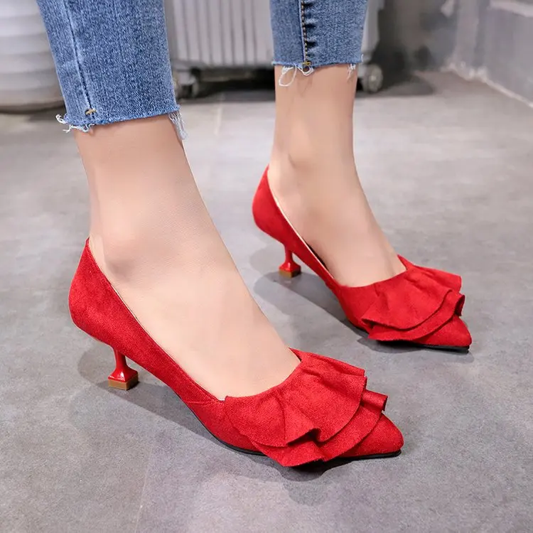 

Shoes Women's 2019 Spring New Style Pink Pointed-Toe High Heel Shoes Thin Heeled Princess Shoes WOMEN'S Shoes Suede Shallow Mout