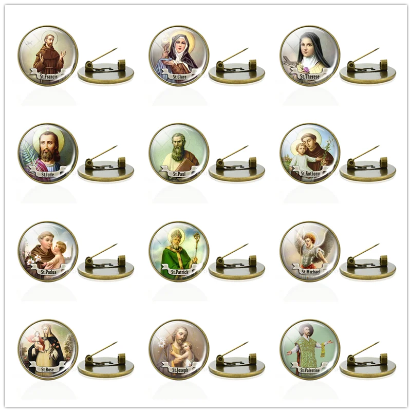 Vintage Bronze Jewelry 12 Saint Glass Cabochon Brooches Therese Pins Anthony Badges Religious for Men Women | Украшения и