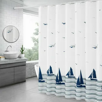 

White Sailboat Seagull Shower Curtain Waterproof Thickened Bathroom Bathtub Screen Polyester Mildew Toilet Partition Home Decor