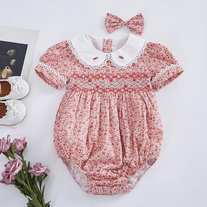 2PCS Baby Smock Floral Romper Girl Handmade Embroidered Jumpsuit