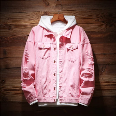 Pink DIMUSI Мужская джинсовая куртка трендовая Мода хип-хоп стрейч джинсовая куртка мужская ковбойская куртка одежда 3XL - Цвет: Pink